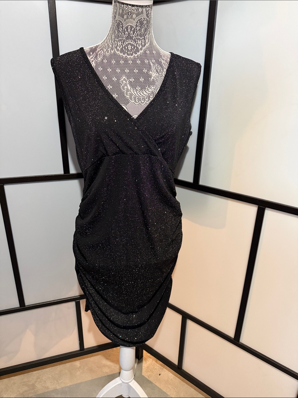 Sparkle Black V-Neck Ruched Mini Dress